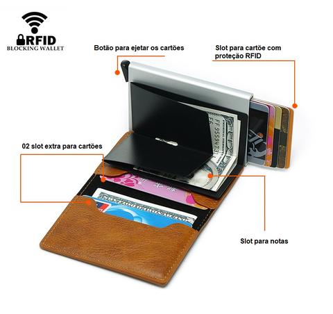 Carteira Slim Antifurto RFID com ejeção automática de cartões.
